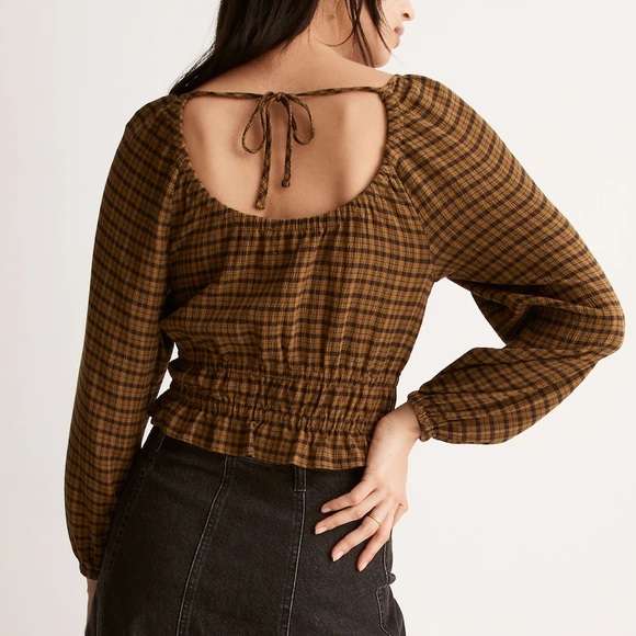Madewell Tie-Back Cutout Top in Plaid Spiced Olive size XXS - Picture 1 of 9